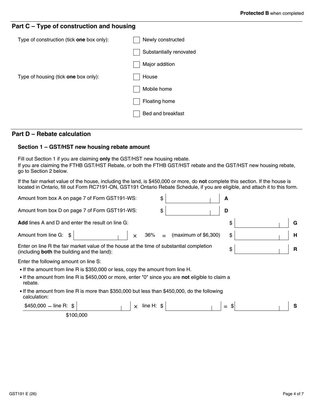 GST191 owner-built house rebate (2026) GST/HST New Housing Rebate Application for Owner-Built Houses — page 4 of 7