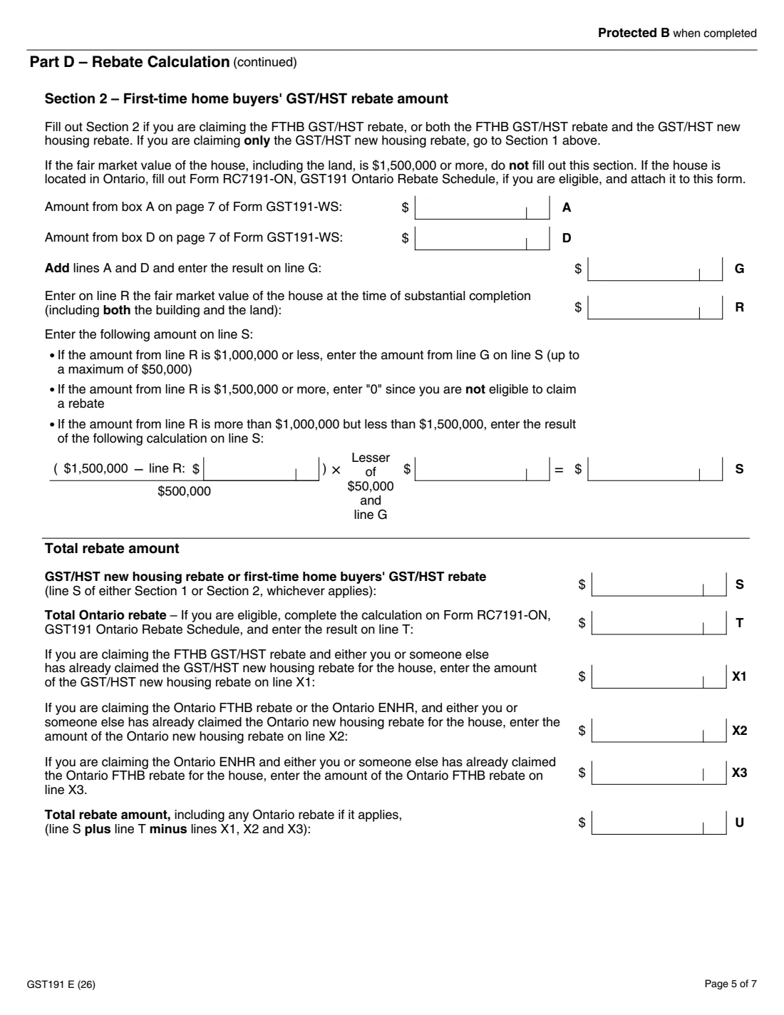 GST191 owner-built house rebate (2026) GST/HST New Housing Rebate Application for Owner-Built Houses — page 5 of 7