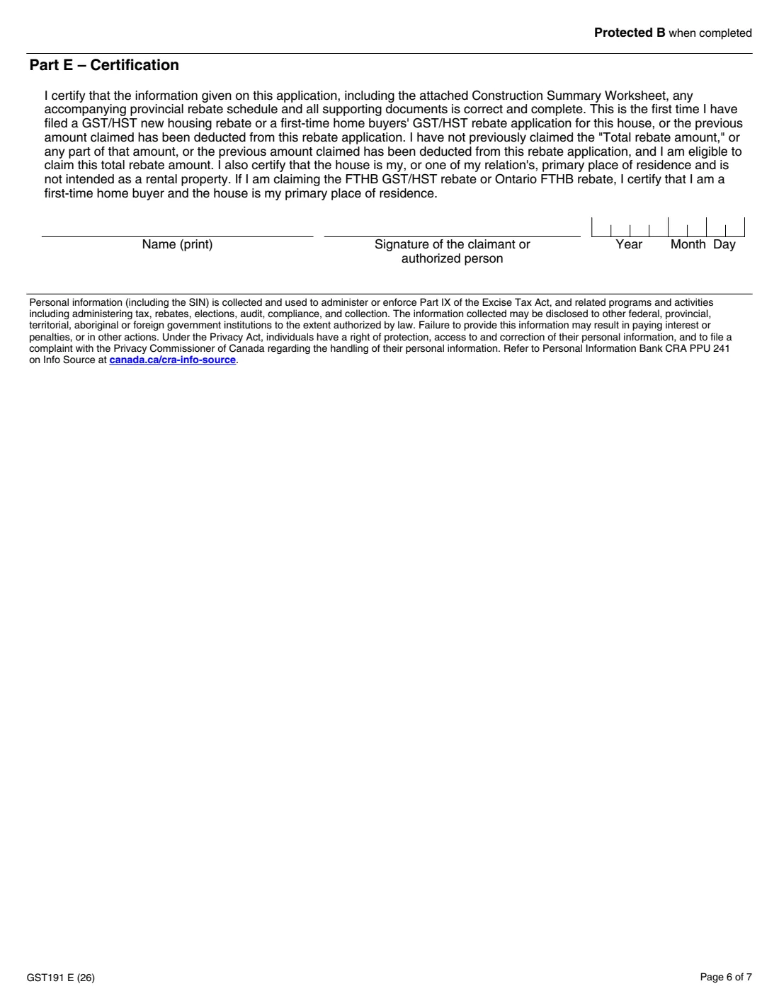 GST191 owner-built house rebate (2026) GST/HST New Housing Rebate Application for Owner-Built Houses — page 6 of 7