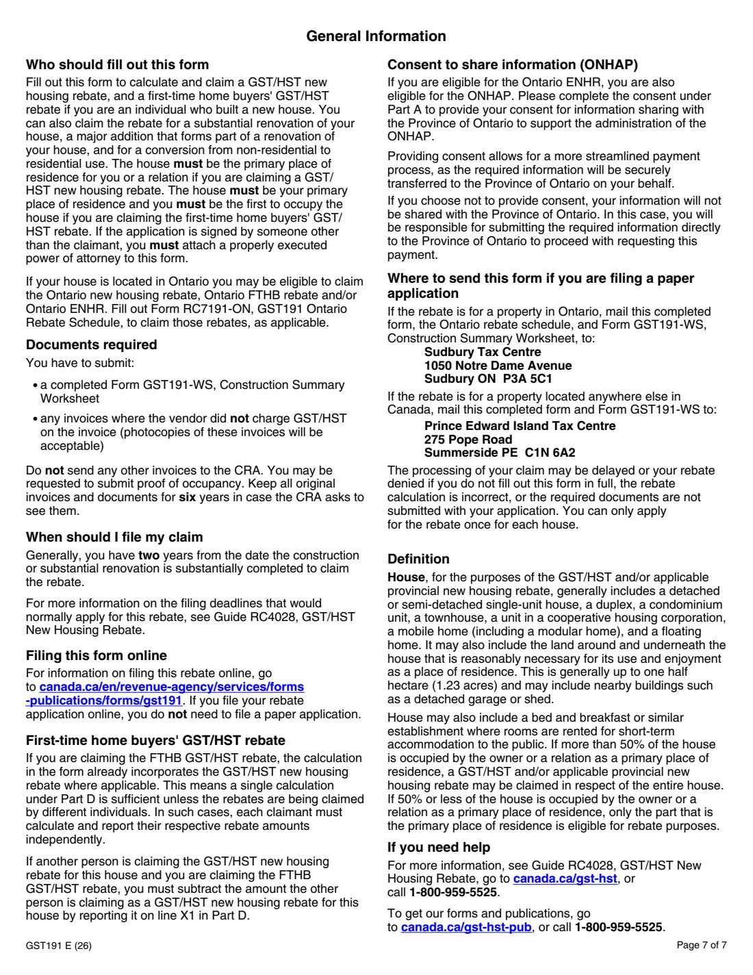 GST191 owner-built house rebate (2026) GST/HST New Housing Rebate Application for Owner-Built Houses — page 7 of 7