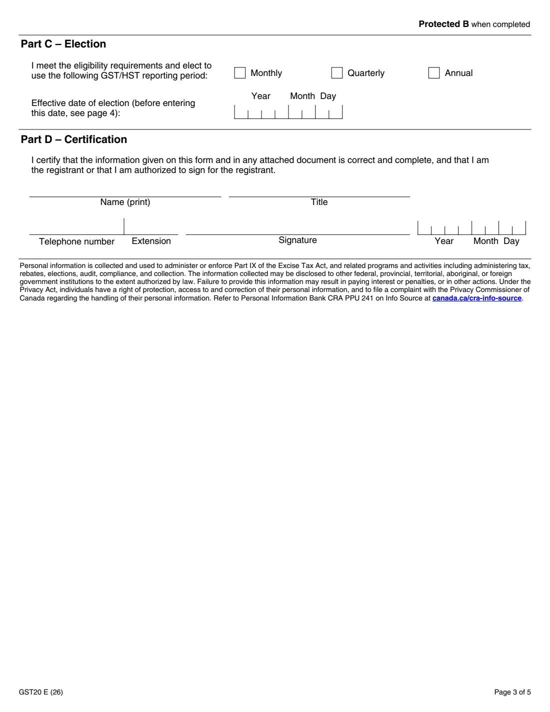 Form GST20 (2026) Election for GST/HST Reporting Period — page 3 of 5