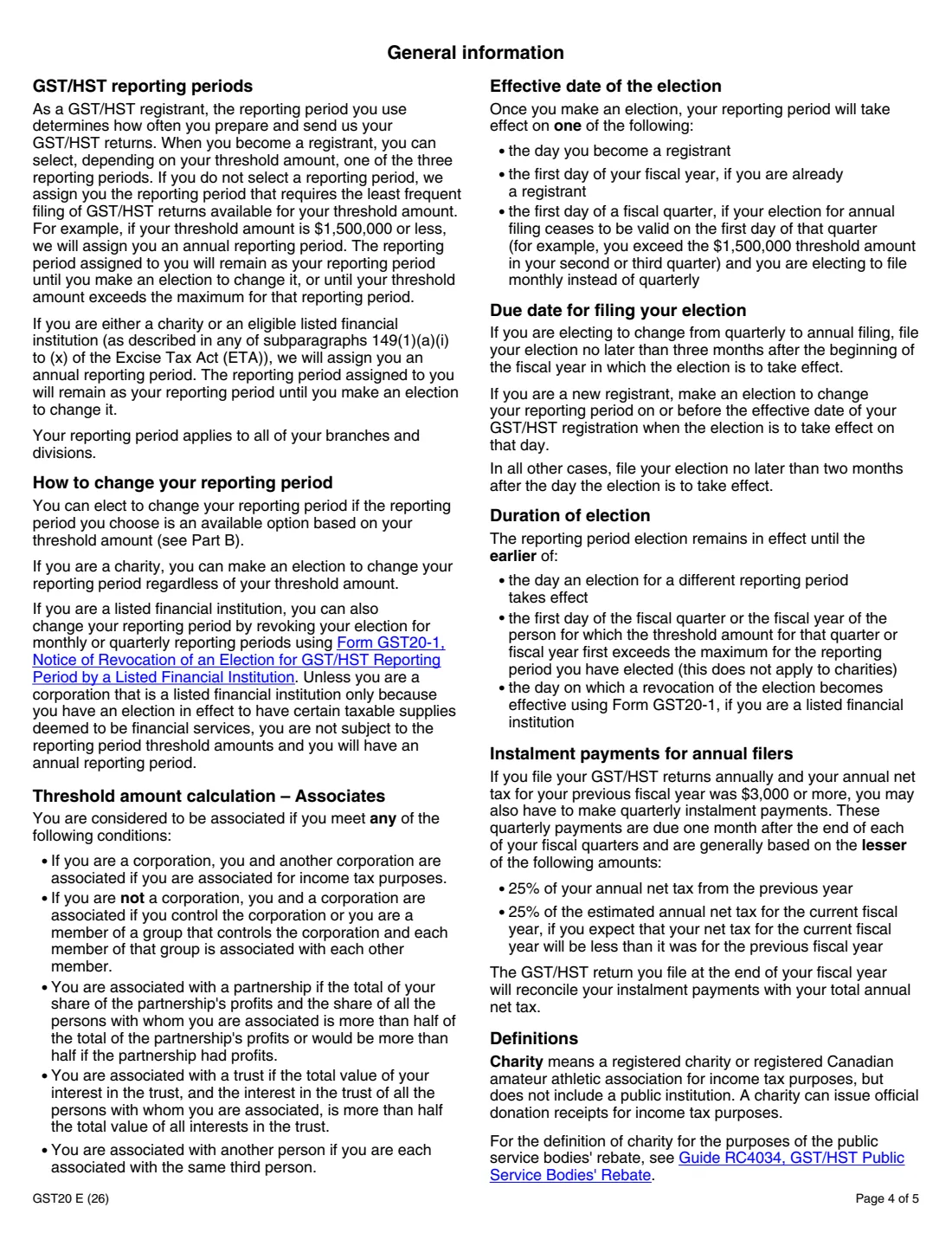 Form GST20 (2026) Election for GST/HST Reporting Period — page 4 of 5