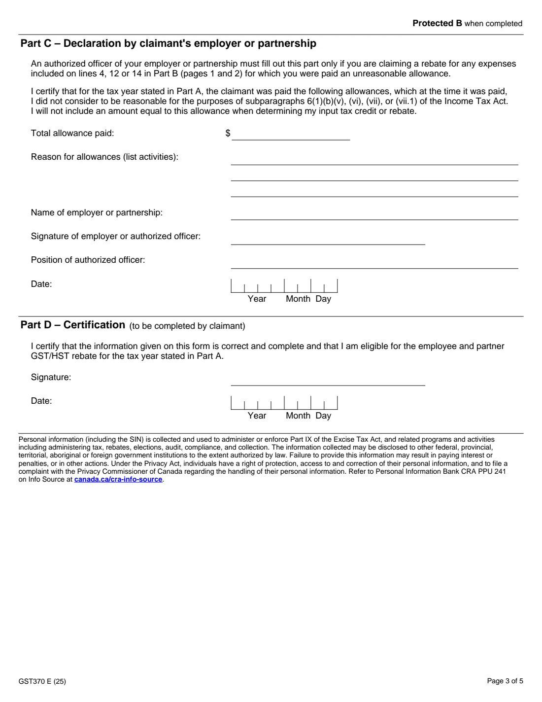 GST370 employee and partner GST/HST rebate (2025) Employee and Partner GST/HST Rebate Application — page 3 of 5