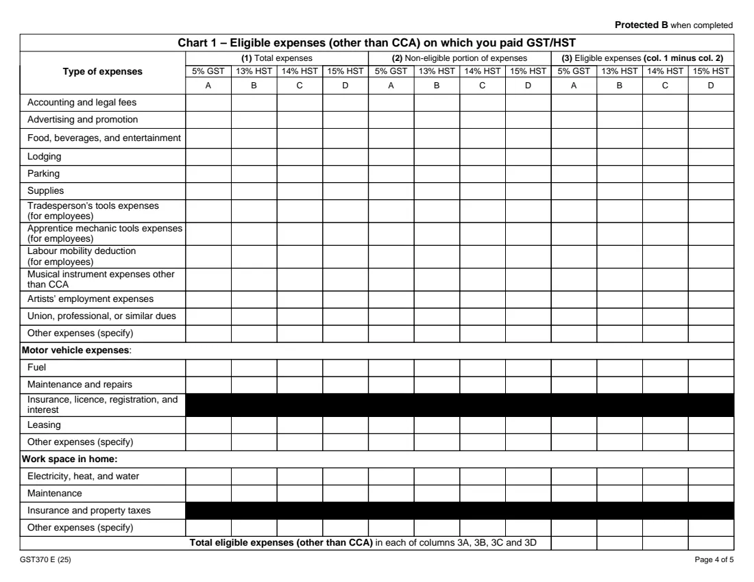GST370 employee and partner GST/HST rebate (2025) Employee and Partner GST/HST Rebate Application — page 4 of 5