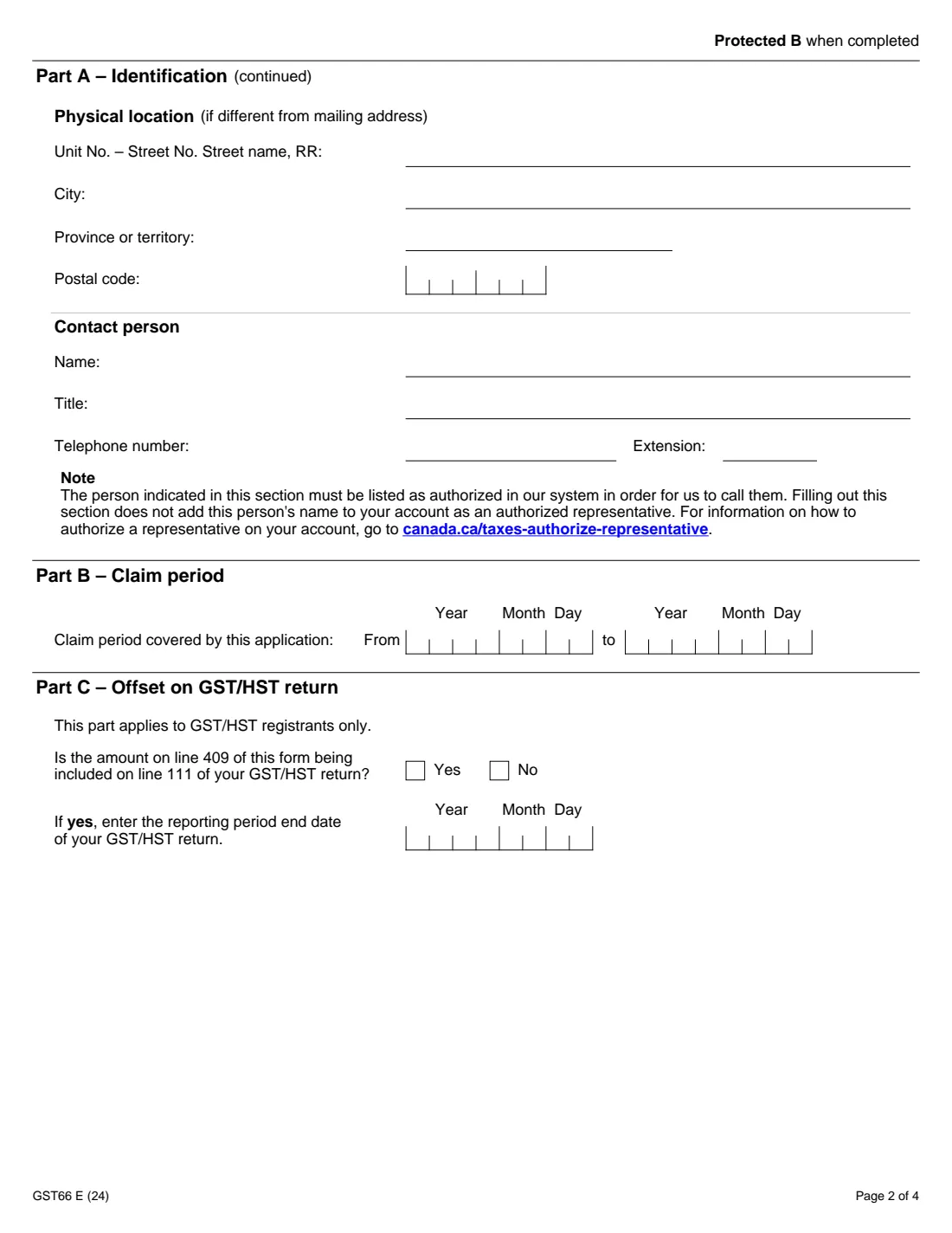 Form GST66 (2024) Application for GST/HST Public Service Bodies' Rebate and GST Self-Government Refund — page 2 of 4