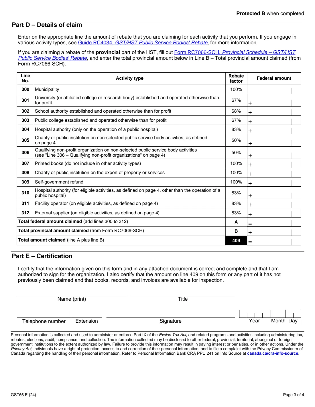 Form GST66 (2024) Application for GST/HST Public Service Bodies' Rebate and GST Self-Government Refund — page 3 of 4