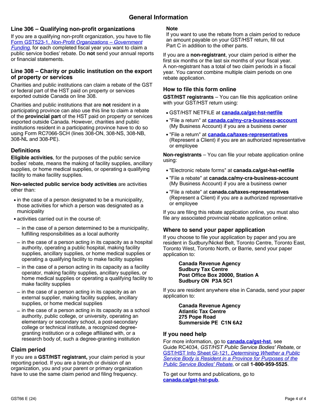 Form GST66 (2024) Application for GST/HST Public Service Bodies' Rebate and GST Self-Government Refund — page 4 of 4