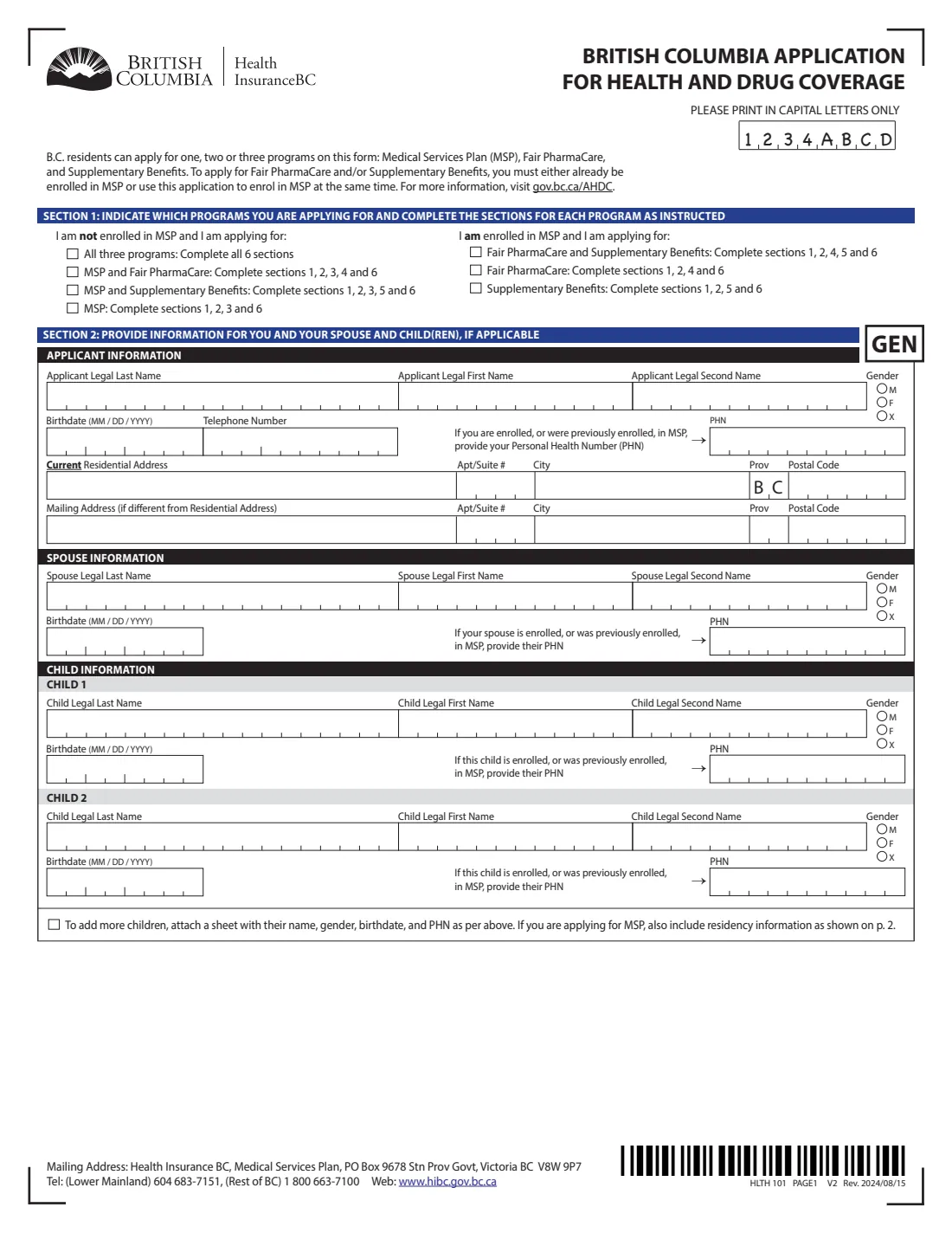 HLTH 101 (2024) British Columbia Application for Health and Drug Coverage (MSP, Fair PharmaCare, Supplementary Benefits) — page 3 of 6