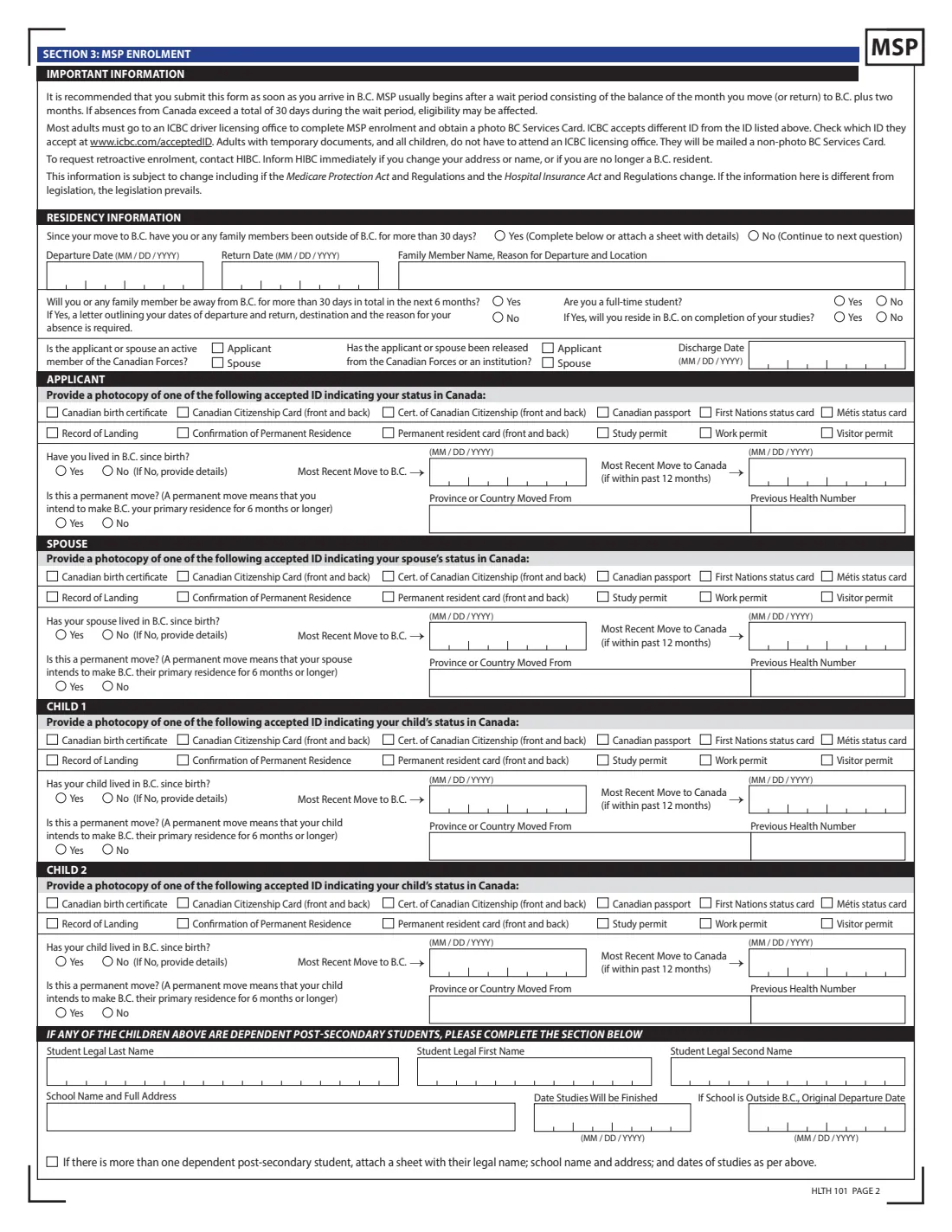HLTH 101 (2024) British Columbia Application for Health and Drug Coverage (MSP, Fair PharmaCare, Supplementary Benefits) — page 4 of 6