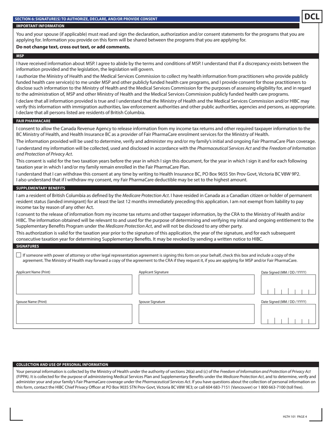 HLTH 101 (2024) British Columbia Application for Health and Drug Coverage (MSP, Fair PharmaCare, Supplementary Benefits) — page 6 of 6