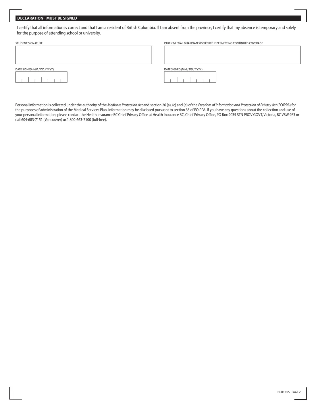 HLTH 105 (2023) Medical Services Plan (MSP) Continued Enrolment in MSP for Ages 19 – 24 — page 2 of 2