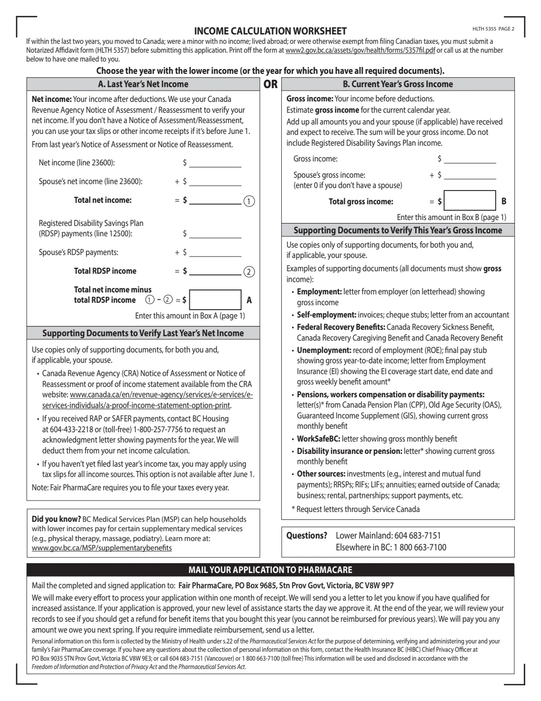 HLTH 5355 Fair PharmaCare income review (2023) Fair PharmaCare Plan Application for Income Review (British Columbia) — page 2 of 2