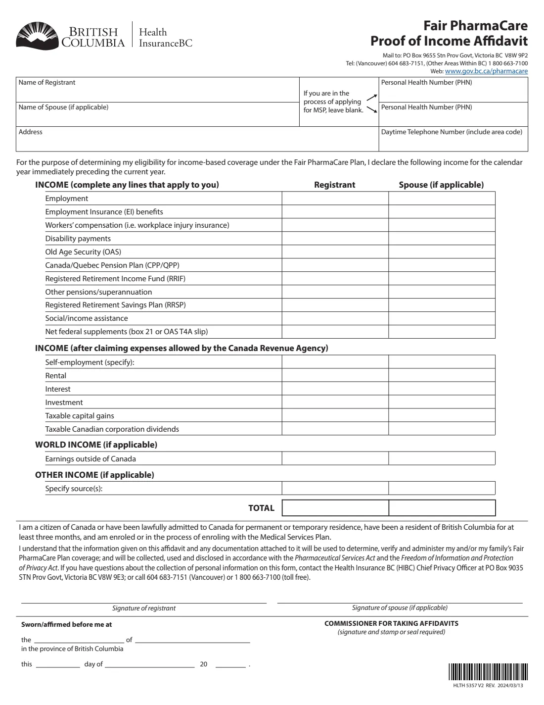 HLTH 5357 Fair PharmaCare income affidavit (2024) Fair PharmaCare Proof of Income Affidavit (British Columbia) — page 2 of 2