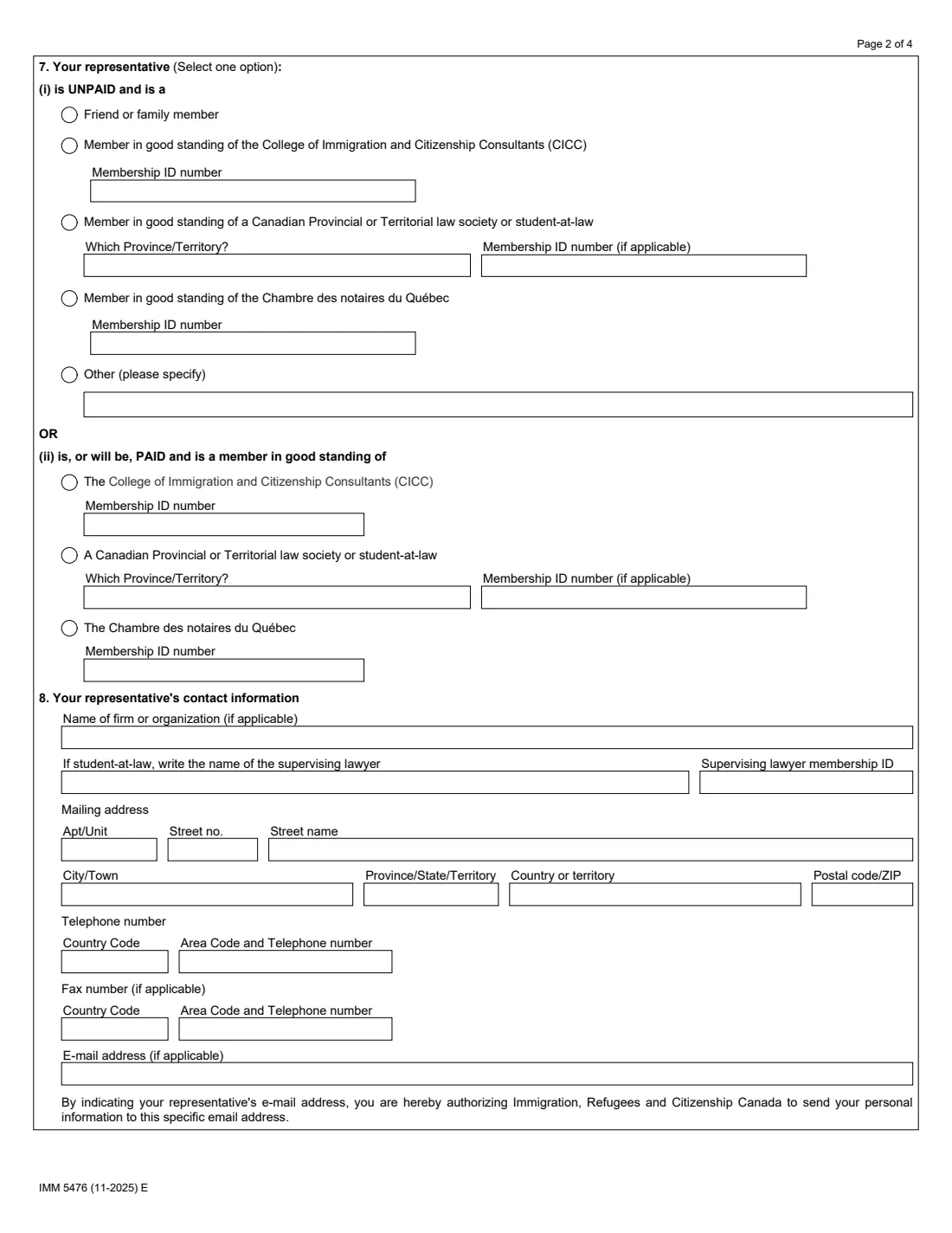 IMM 5476 (2025) Use of a Representative — page 2 of 4