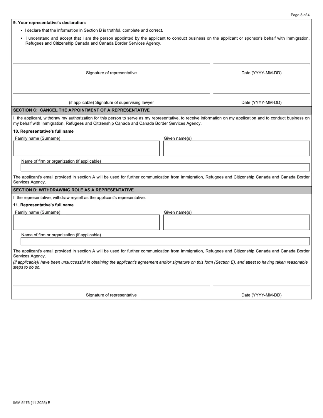 IMM 5476 (2025) Use of a Representative — page 3 of 4