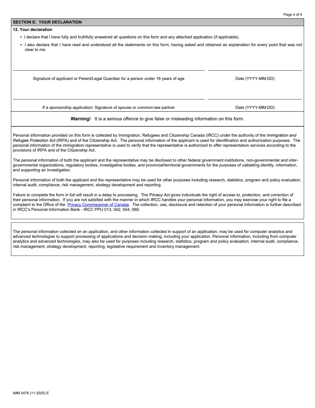 IMM 5476 (2025) Use of a Representative — page 4 of 4
