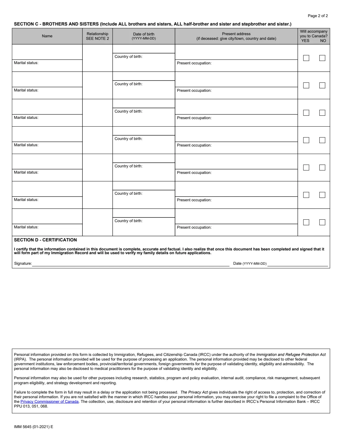 IMM 5645 (2021) Family Information — page 2 of 2