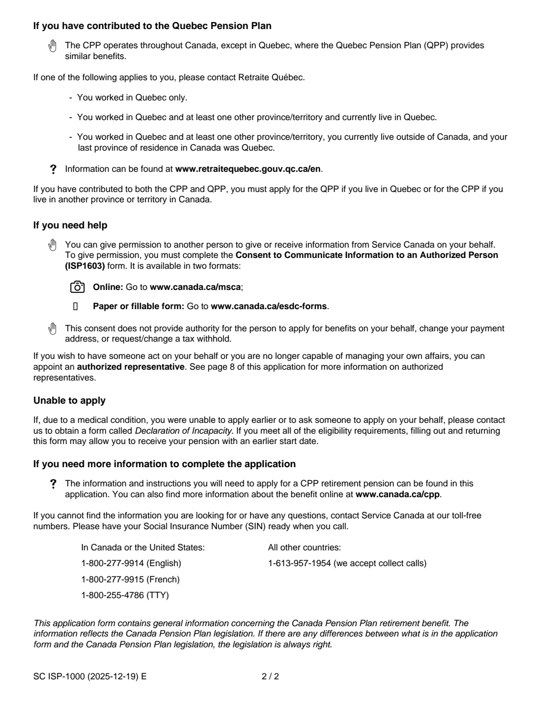ISP-1000 CPP retirement pension application (2025) Application for a Canada Pension Plan Retirement Pension — page 2 of 14
