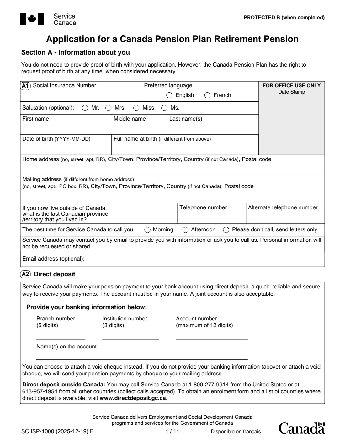 ISP-1000 CPP retirement pension application (2025) Application for a Canada Pension Plan Retirement Pension — page 3 of 14
