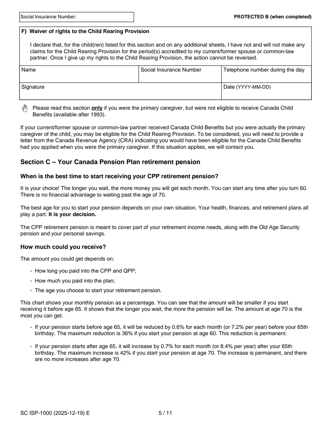 ISP-1000 CPP retirement pension application (2025) Application for a Canada Pension Plan Retirement Pension — page 7 of 14