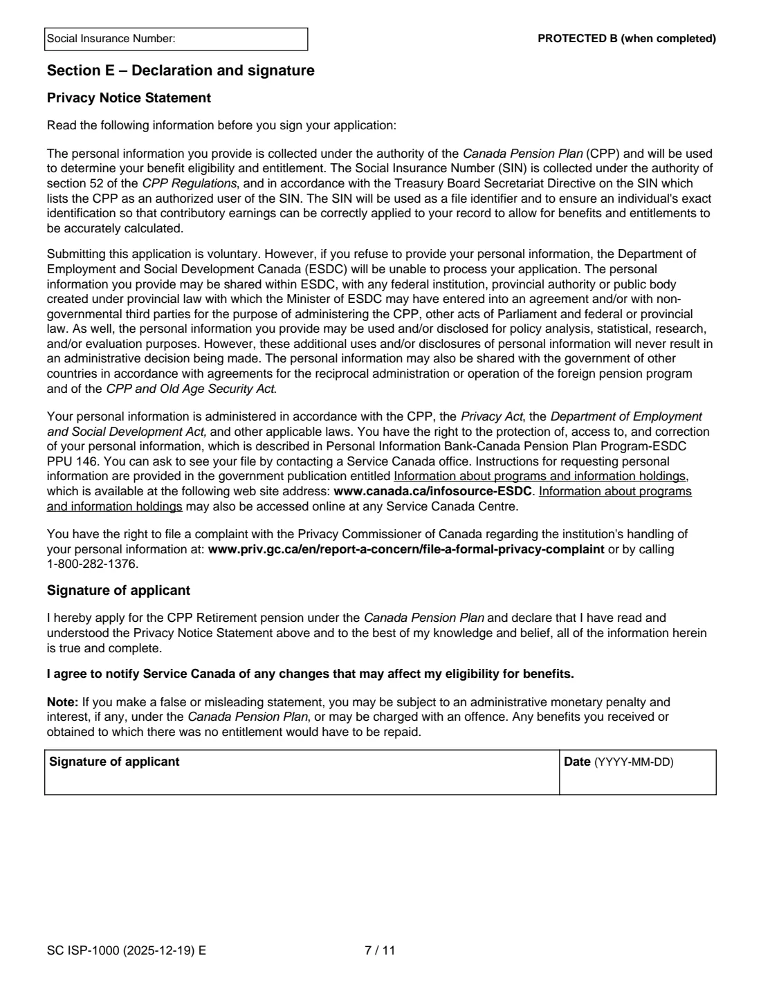 ISP-1000 CPP retirement pension application (2025) Application for a Canada Pension Plan Retirement Pension — page 9 of 14