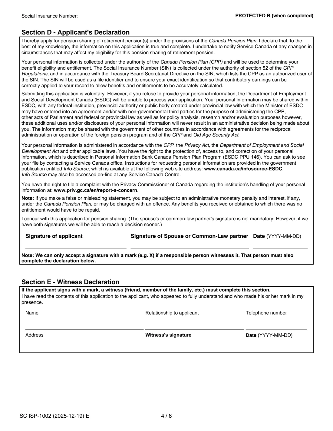 ISP-1002 CPP pension sharing (2025) Application for Canada Pension Plan Pension Sharing of Retirement Pension(s) — page 4 of 6