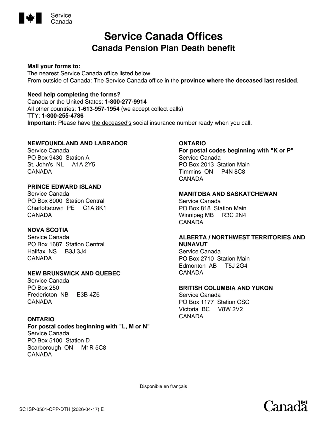 ISP-1200 CPP death benefit (2026) Application for a Canada Pension Plan Death Benefit — page 12 of 12