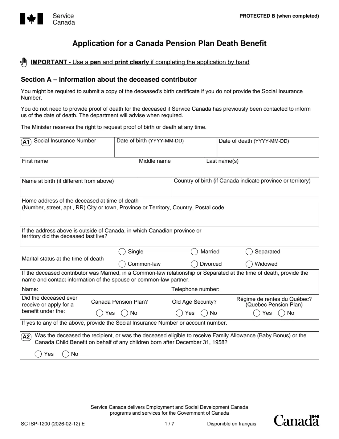 ISP-1200 CPP death benefit (2026) Application for a Canada Pension Plan Death Benefit — page 3 of 12