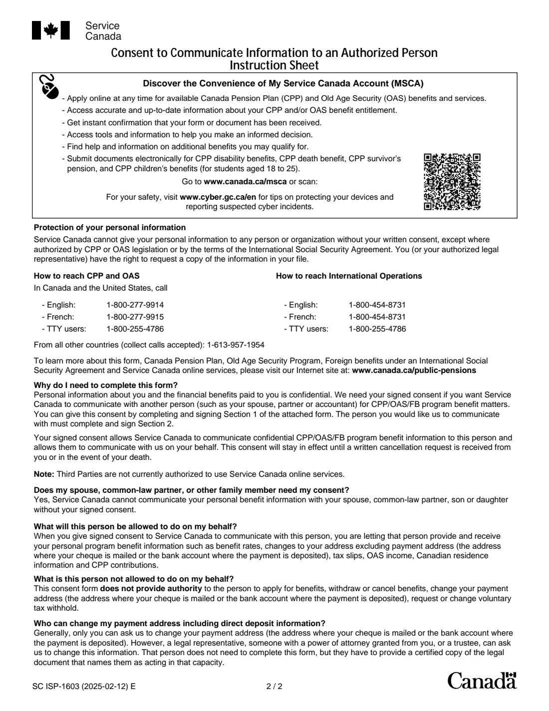 ISP-1603 CPP/OAS consent (2025) Consent to Communicate Information to an Authorized Person (CPP, OAS and Foreign Benefits) — page 2 of 2
