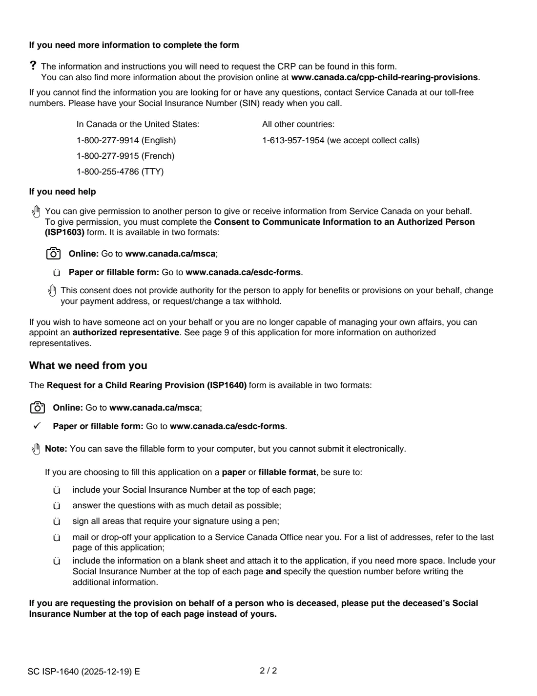 ISP-1640 CPP child rearing provision (2025) Request for a Child Rearing Provision (Canada Pension Plan) — page 2 of 11