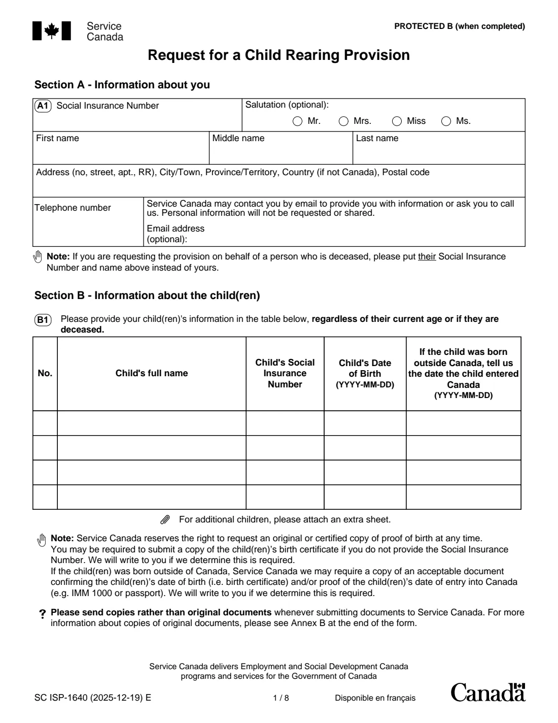 ISP-1640 CPP child rearing provision (2025) Request for a Child Rearing Provision (Canada Pension Plan) — page 3 of 11