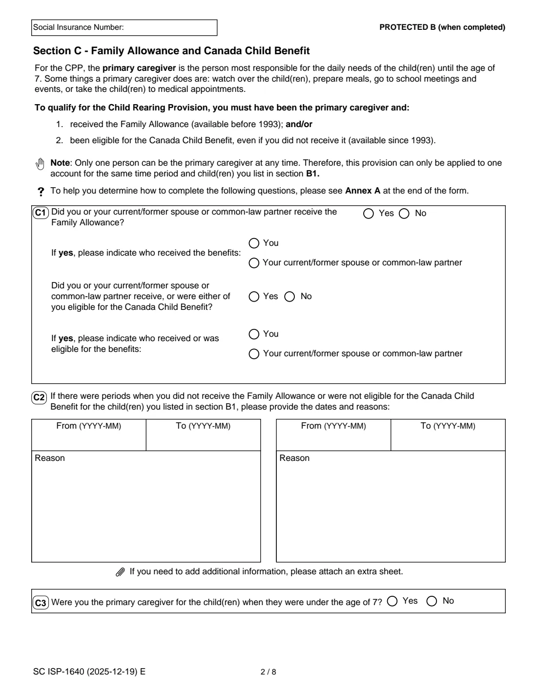 ISP-1640 CPP child rearing provision (2025) Request for a Child Rearing Provision (Canada Pension Plan) — page 4 of 11