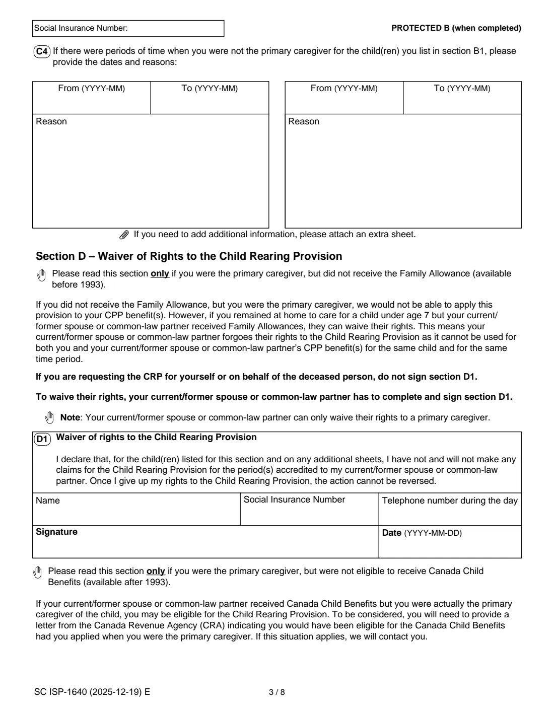 ISP-1640 CPP child rearing provision (2025) Request for a Child Rearing Provision (Canada Pension Plan) — page 5 of 11
