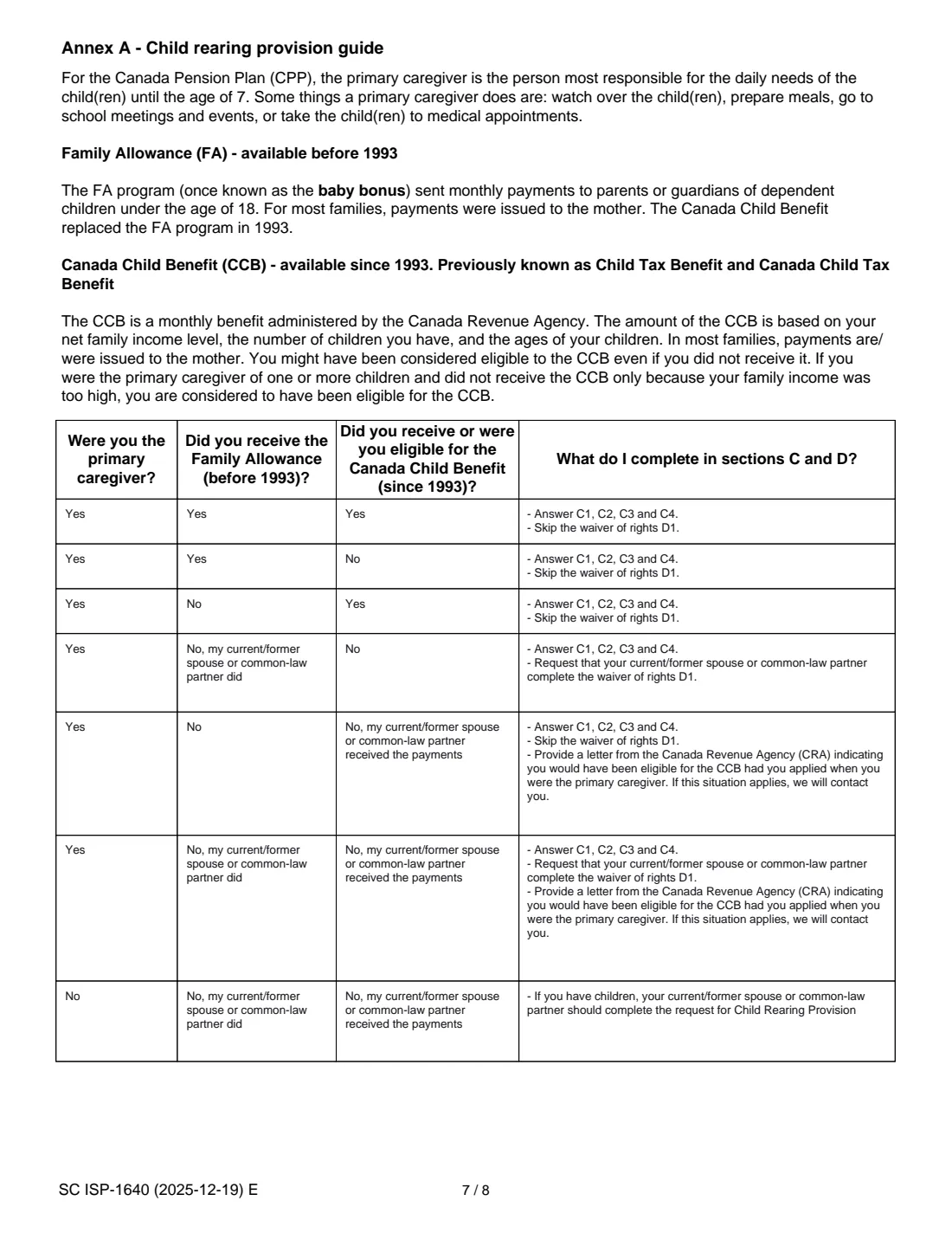 ISP-1640 CPP child rearing provision (2025) Request for a Child Rearing Provision (Canada Pension Plan) — page 9 of 11