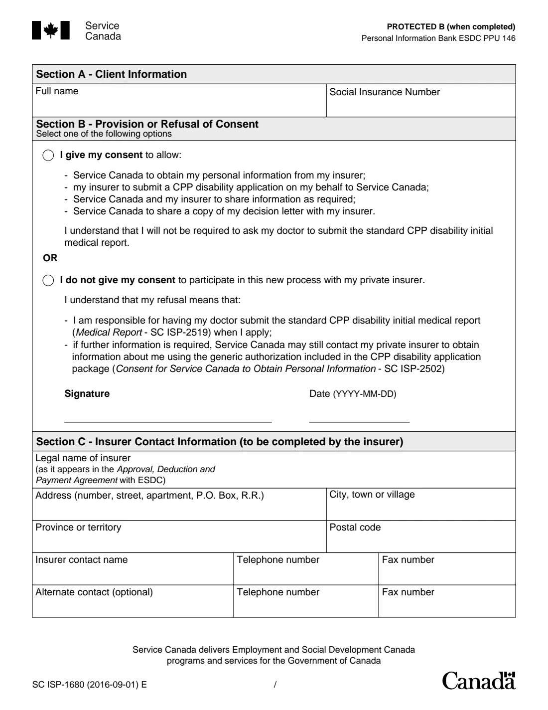 ISP-1680 CPP disability insurer consent (2016) Consent to Allow Service Canada to Collect Personal Information from Your Private Insurer — page 2 of 2