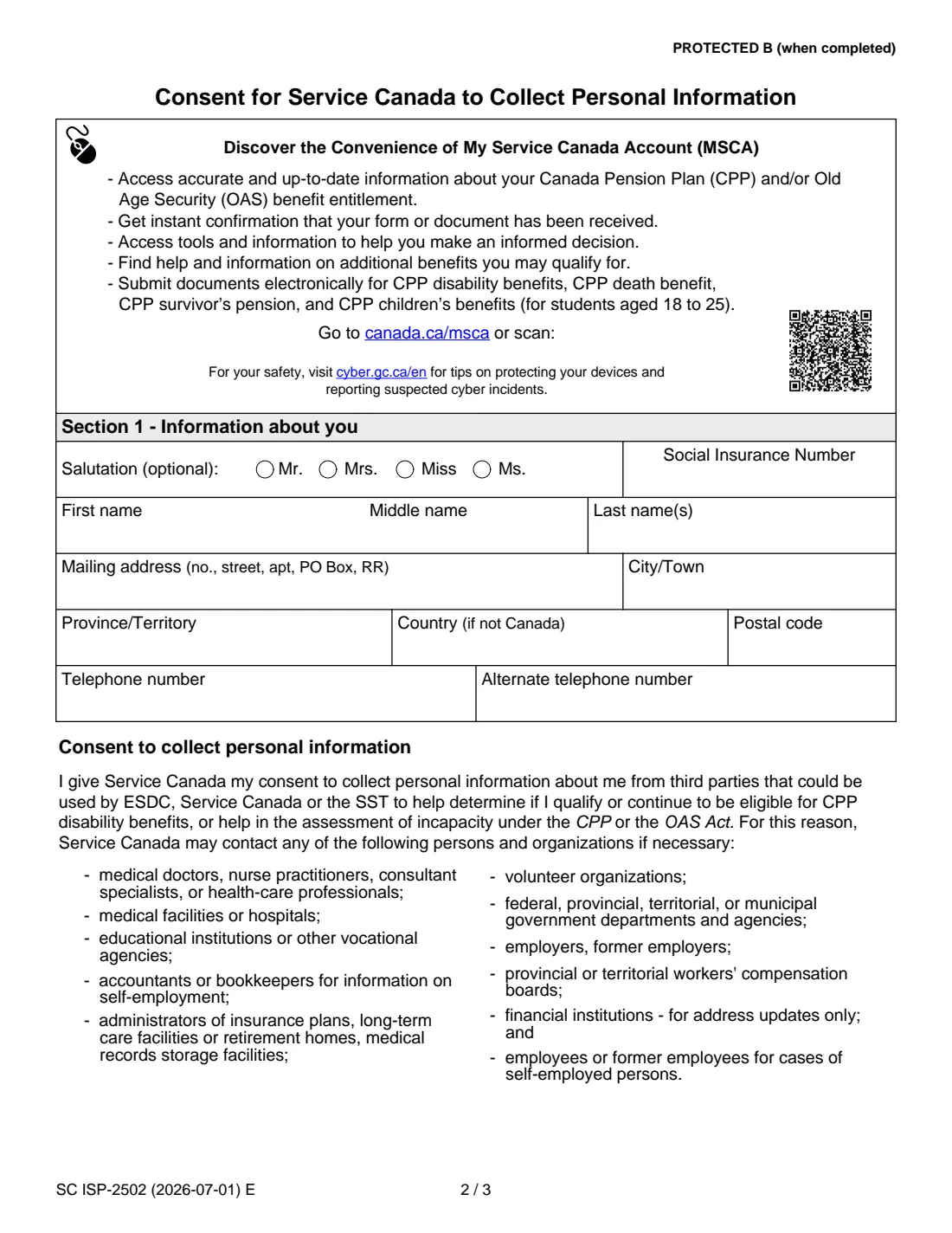 ISP-2502 (2026) Consent for Service Canada to Collect Personal Information (CPP Disability) — page 2 of 3