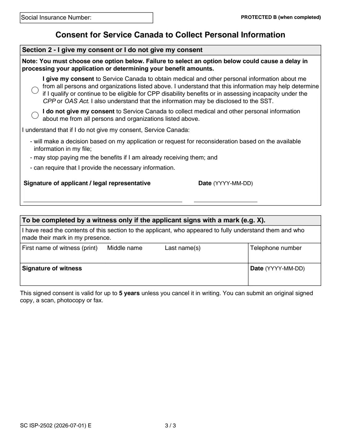 ISP-2502 (2026) Consent for Service Canada to Collect Personal Information (CPP Disability) — page 3 of 3