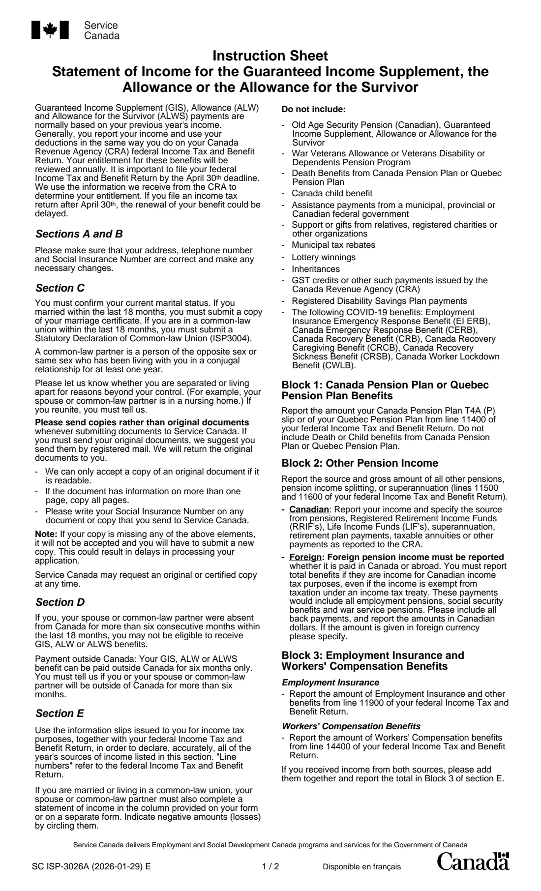 ISP-3026 (2026) Statement of Income for the Guaranteed Income Supplement, the Allowance or Allowance for the Survivor — page 3 of 5