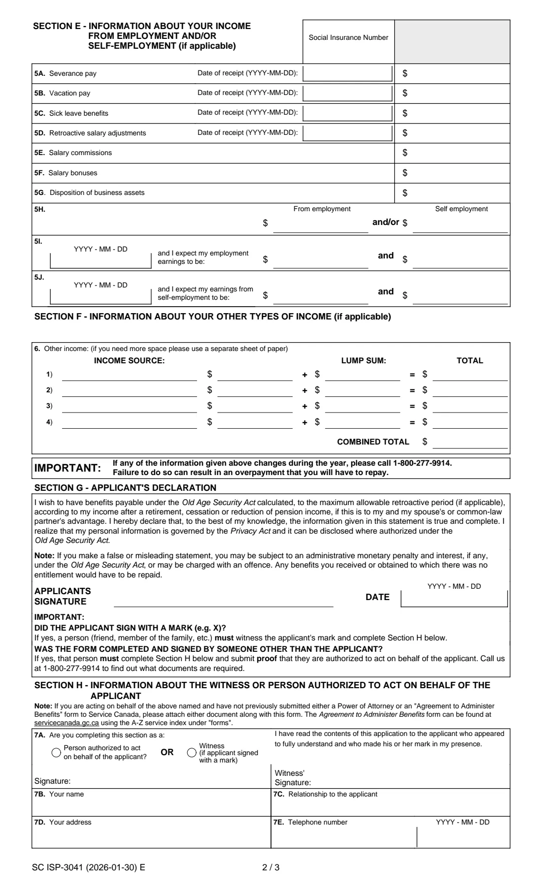 ISP-3041 estimated income (GIS) (2026) Statement of Estimated Income after Retirement or Reduction in Pension Income — page 2 of 3