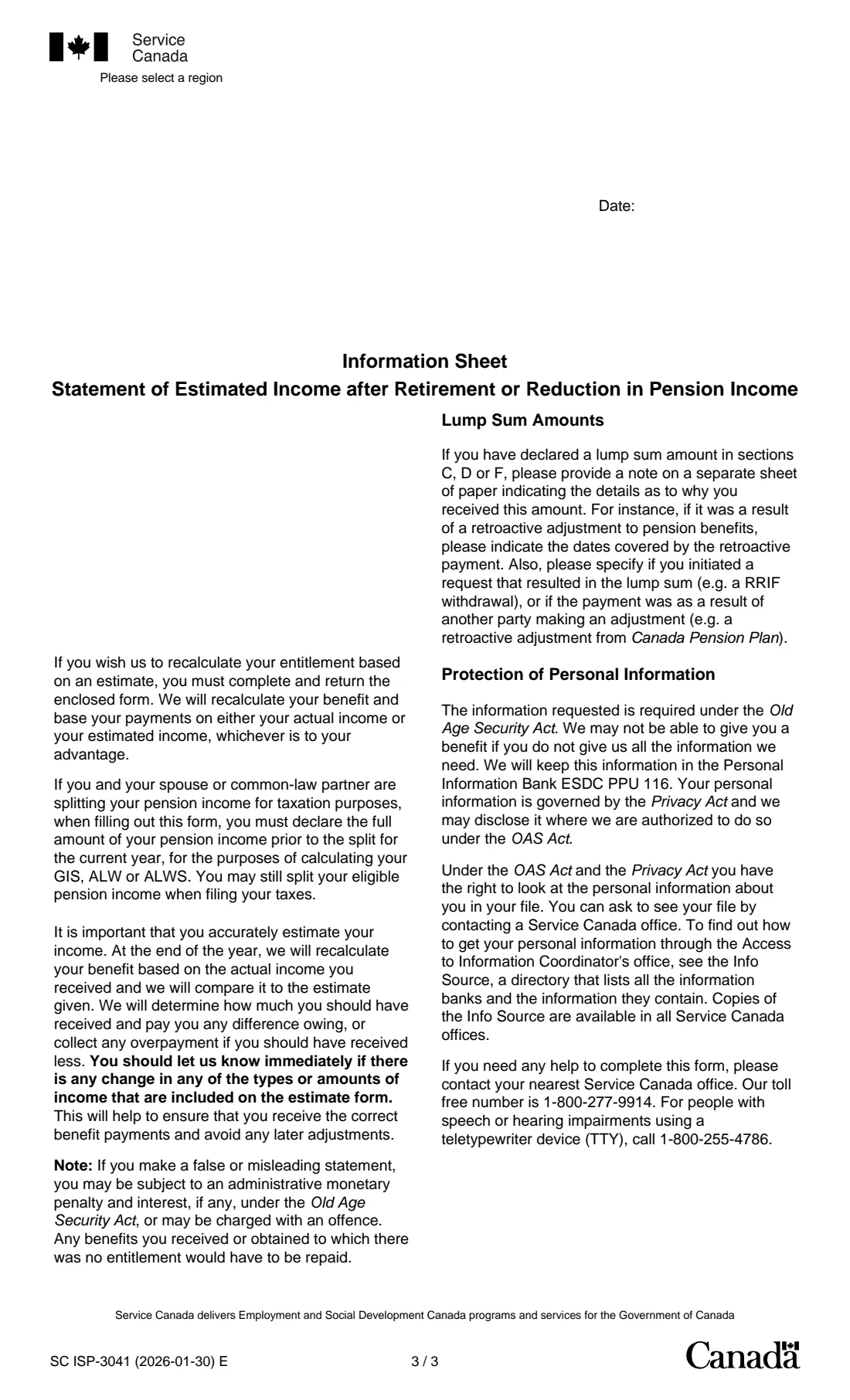 ISP-3041 estimated income (GIS) (2026) Statement of Estimated Income after Retirement or Reduction in Pension Income — page 3 of 3