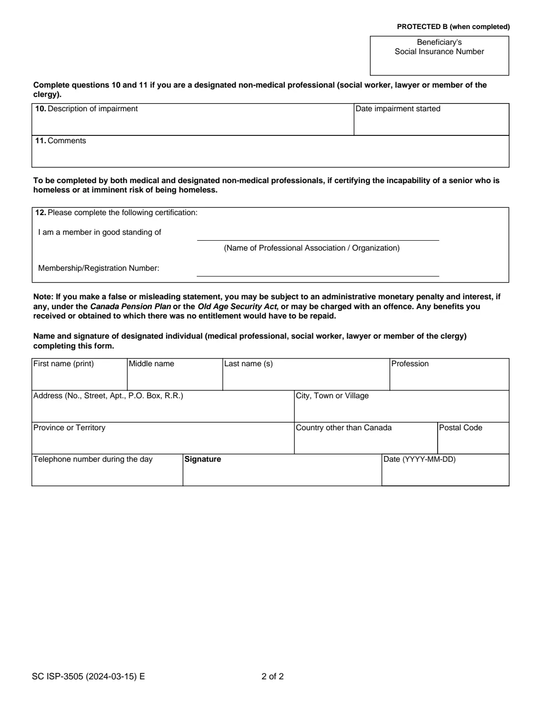 Form ISP-3505 (2024) Certificate of Incapability (Canada Pension Plan and Old Age Security) — page 2 of 2
