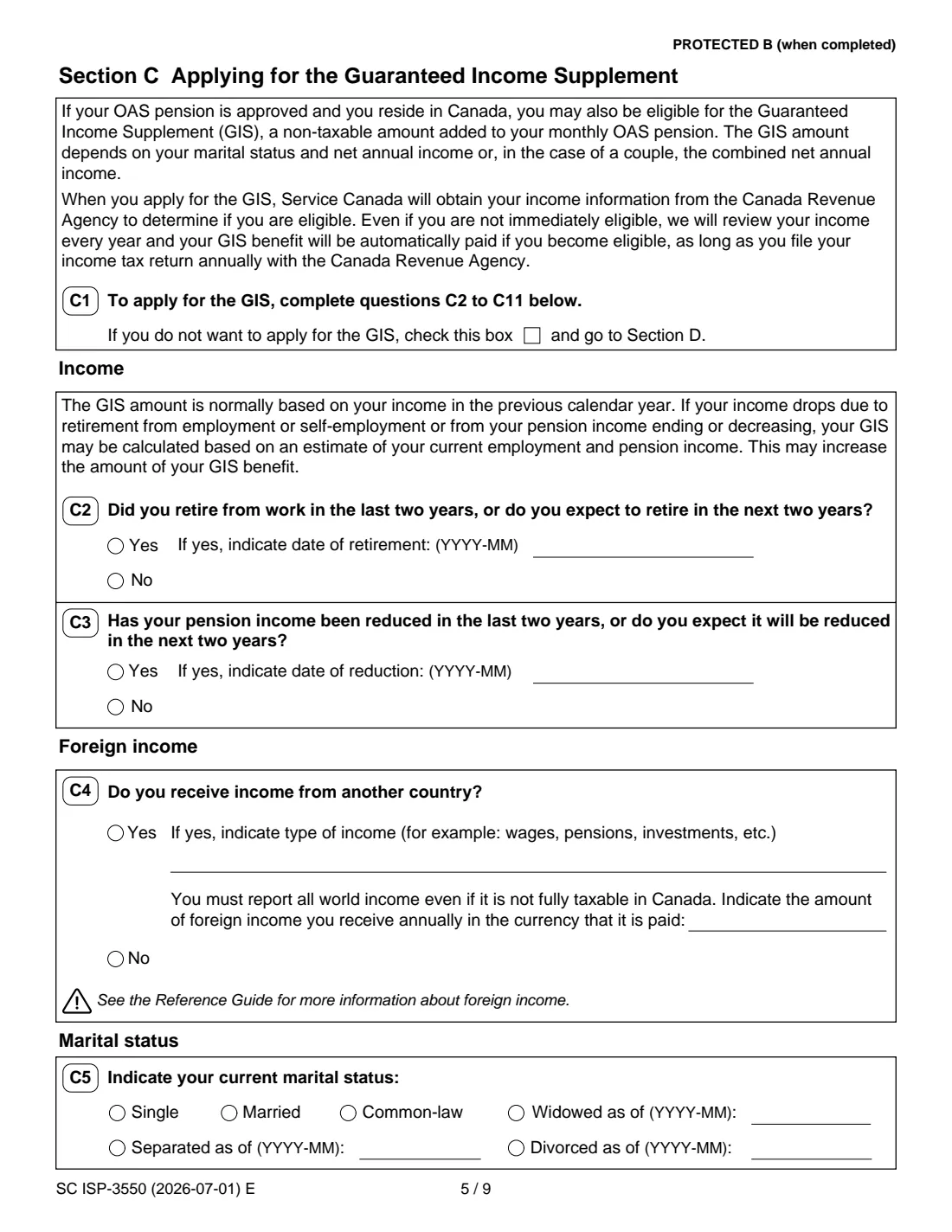 ISP-3550 OAS and GIS application (2026) Application for the Old Age Security Pension and the Guaranteed Income Supplement — page 5 of 10