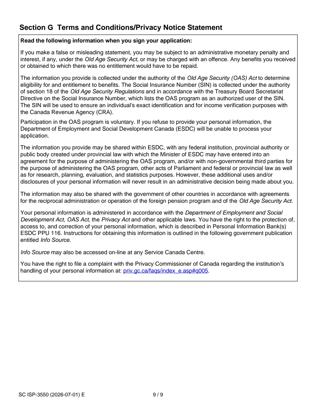 ISP-3550 OAS and GIS application (2026) Application for the Old Age Security Pension and the Guaranteed Income Supplement — page 9 of 10