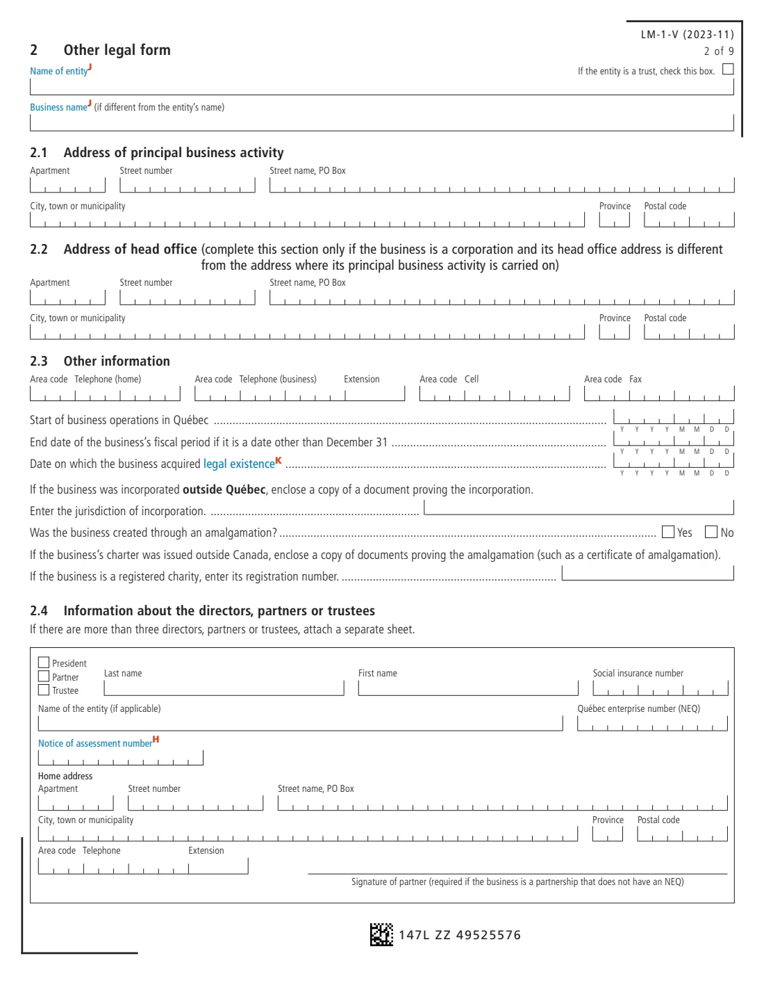 LM-1-V business registration (Revenu Québec) (2023) Application for Registration (GST, HST and Taxes Prescribed by Québec Legislation) — page 2 of 9