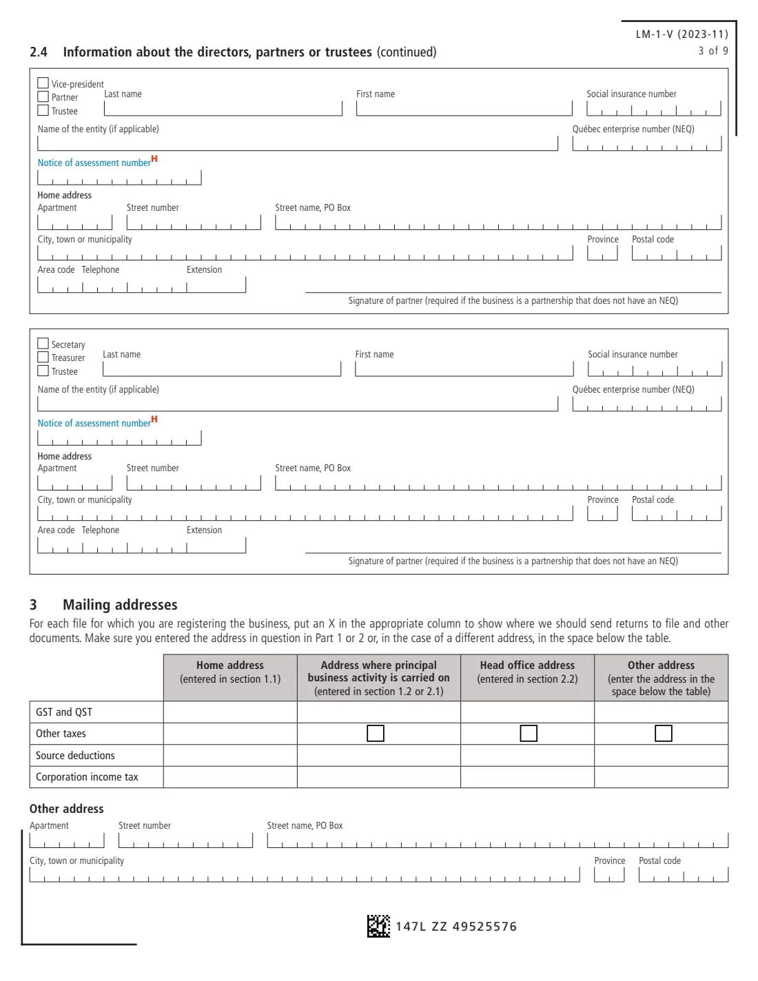 LM-1-V business registration (Revenu Québec) (2023) Application for Registration (GST, HST and Taxes Prescribed by Québec Legislation) — page 3 of 9