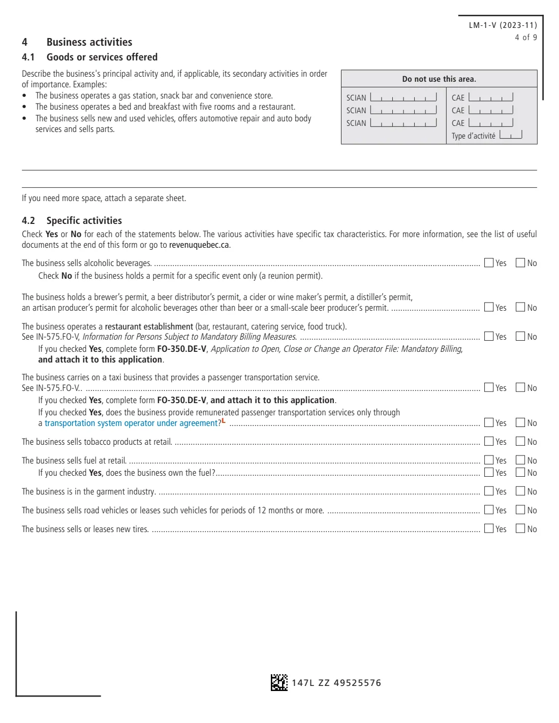 LM-1-V business registration (Revenu Québec) (2023) Application for Registration (GST, HST and Taxes Prescribed by Québec Legislation) — page 4 of 9