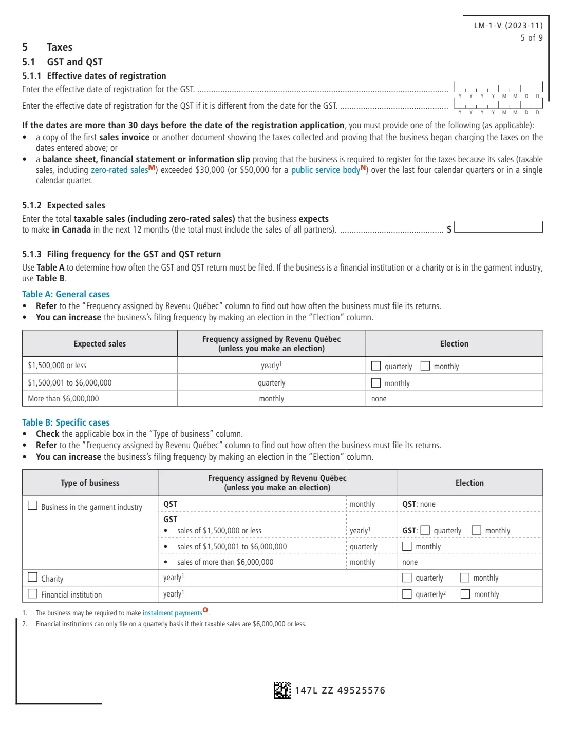 LM-1-V business registration (Revenu Québec) (2023) Application for Registration (GST, HST and Taxes Prescribed by Québec Legislation) — page 5 of 9
