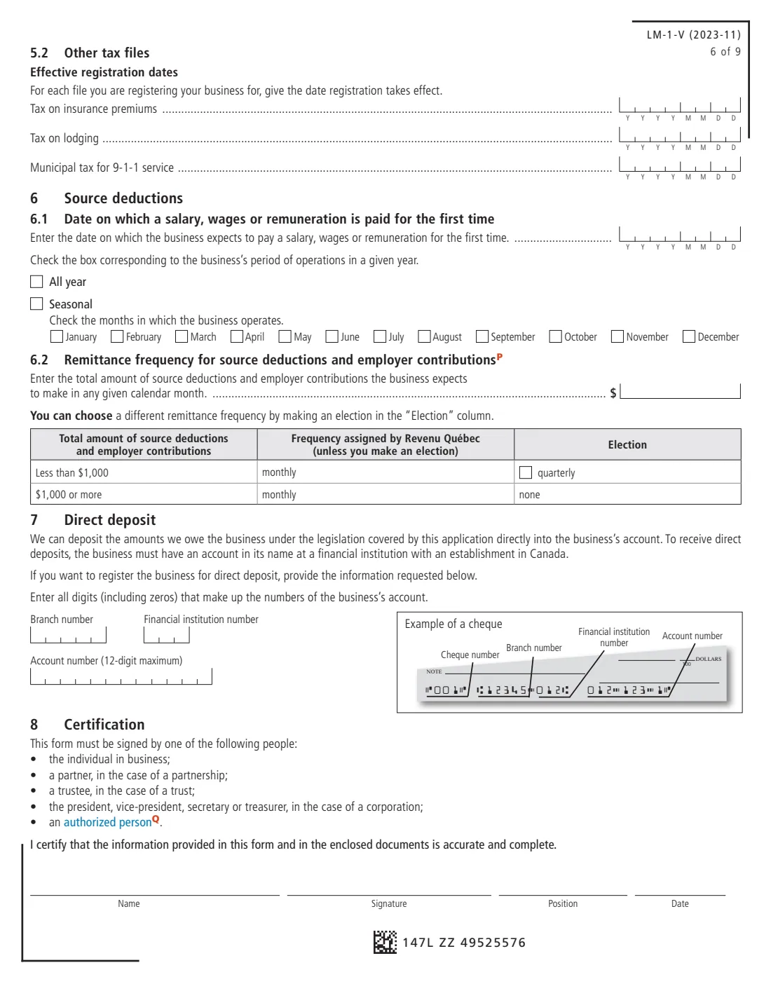 LM-1-V business registration (Revenu Québec) (2023) Application for Registration (GST, HST and Taxes Prescribed by Québec Legislation) — page 6 of 9
