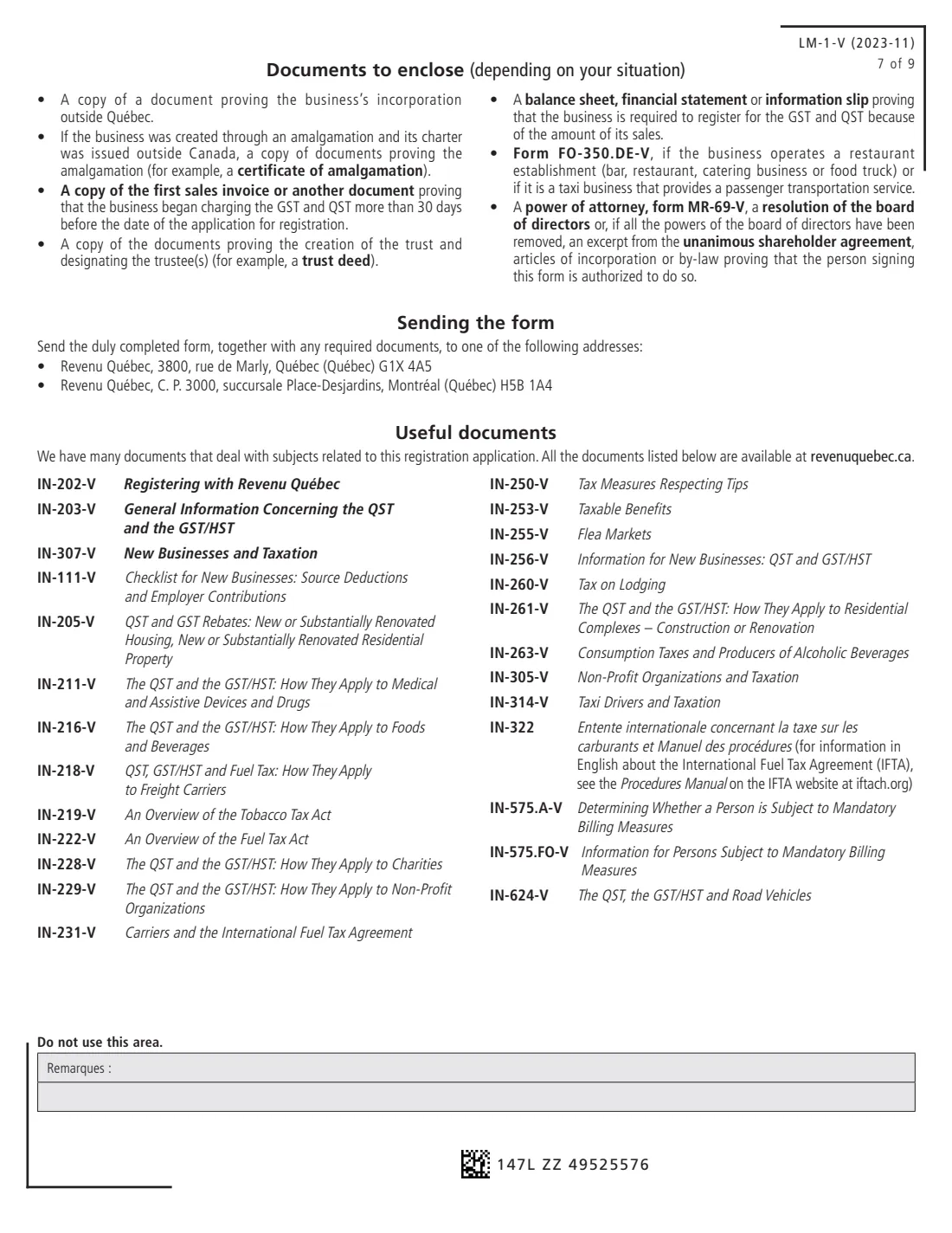 LM-1-V business registration (Revenu Québec) (2023) Application for Registration (GST, HST and Taxes Prescribed by Québec Legislation) — page 7 of 9