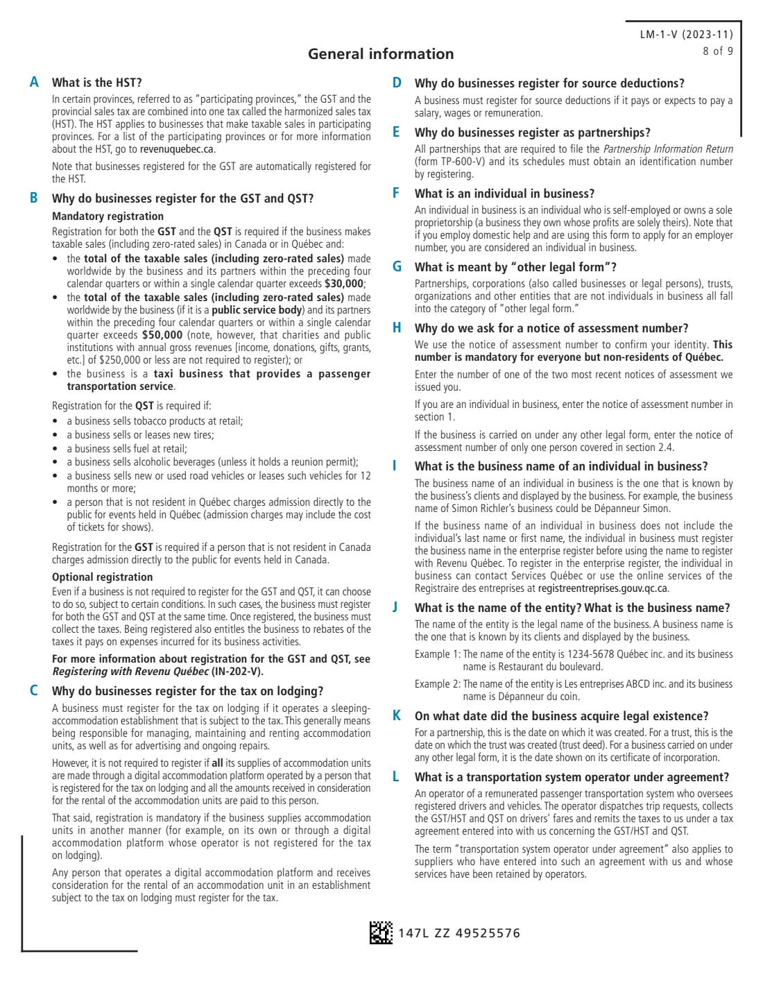 LM-1-V business registration (Revenu Québec) (2023) Application for Registration (GST, HST and Taxes Prescribed by Québec Legislation) — page 8 of 9